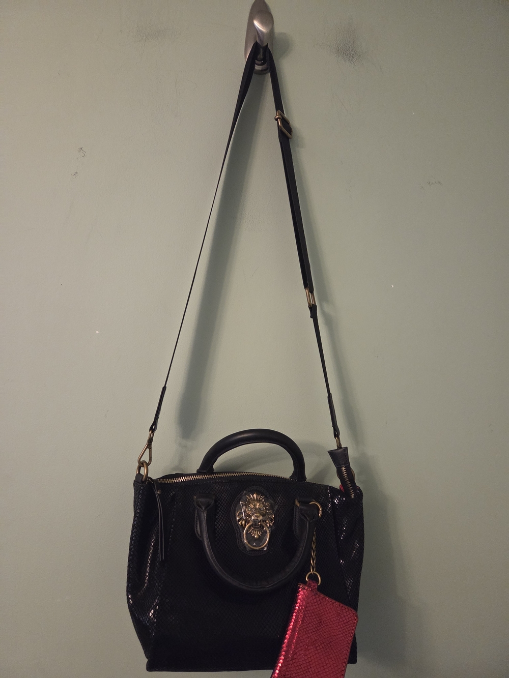 Sharif Black Textured Satchel with Gold Lion Hardware Convertible Crossbody - Picture 5 of 6